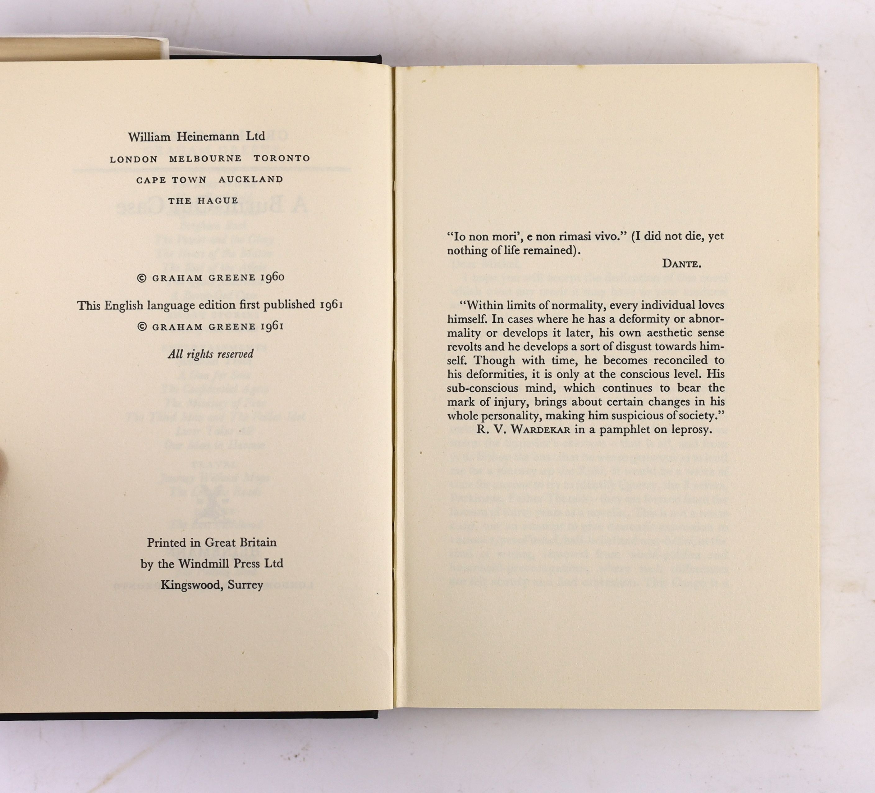 Greene, Graham - A Burnt out Case. 1st English ed. original cloth with I clipped d/j. 8vo. Heinemann, London, 1961.